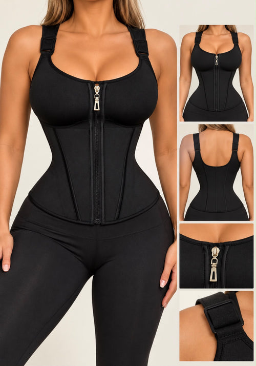 Black zip-front sculpting vest with front, back and strap details