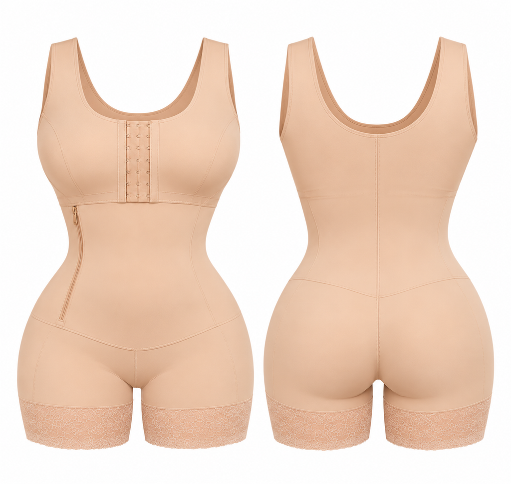 Nude mummy recovery shapewear front and back views