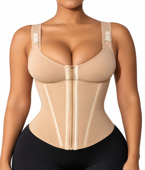 Nude zip-front sculpting vest, front view